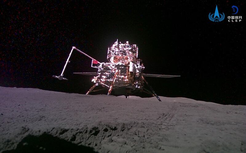 The ascender and lander captured by China's Chang’e-6 lunar probe is seen after it landed on the moon, June 3, 2024.