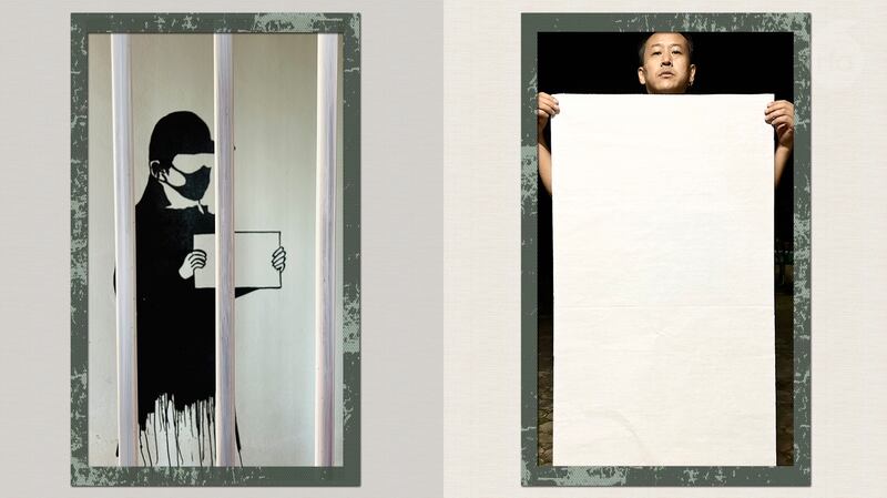 中国艺术家杜应红(右)用一张大白纸声援"白纸运动",他并且画出因举白纸静默抗议而被警察带走的南京女学生李康梦(左)。(杜应红提供)